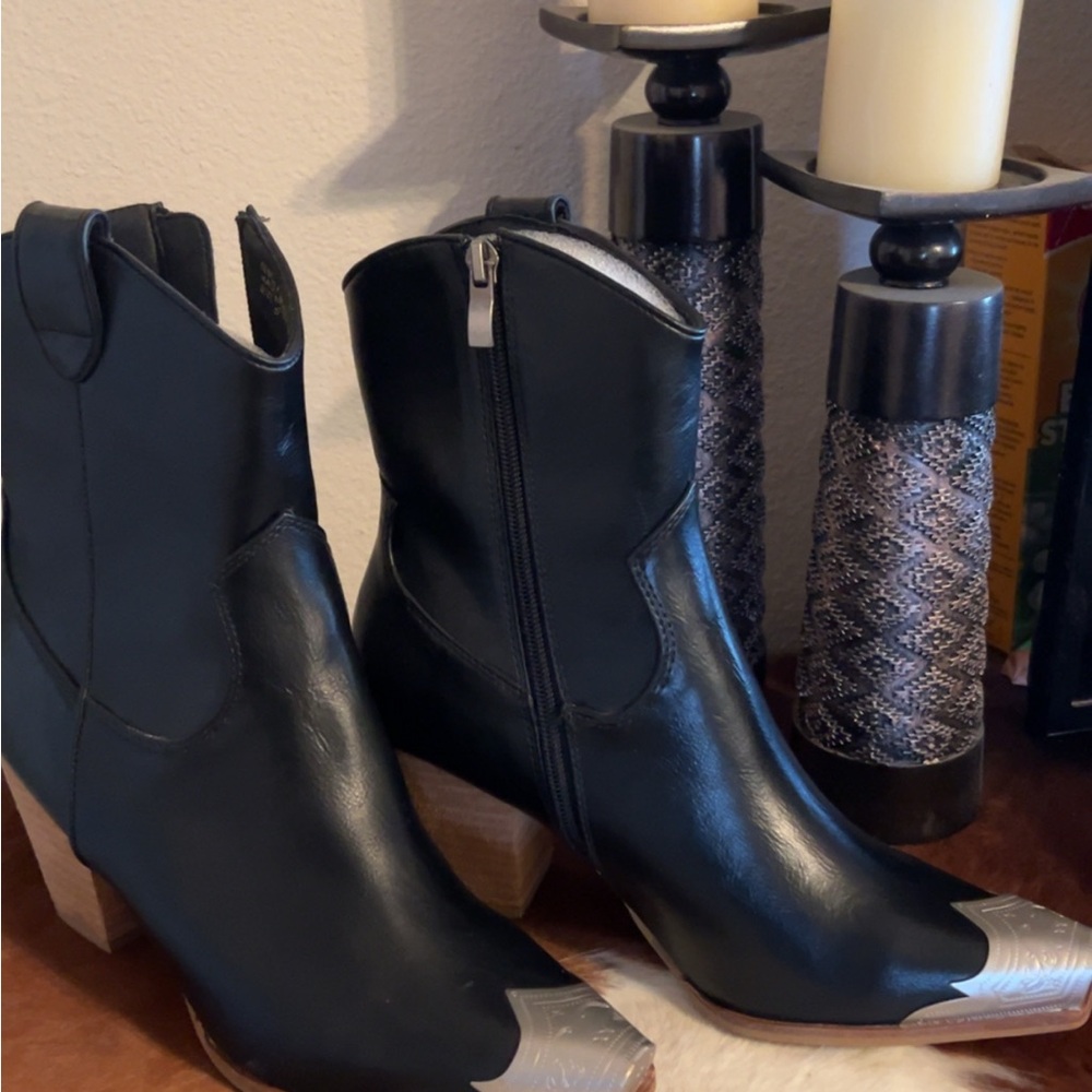 Black Leather Ankle Boots with Silver Accents